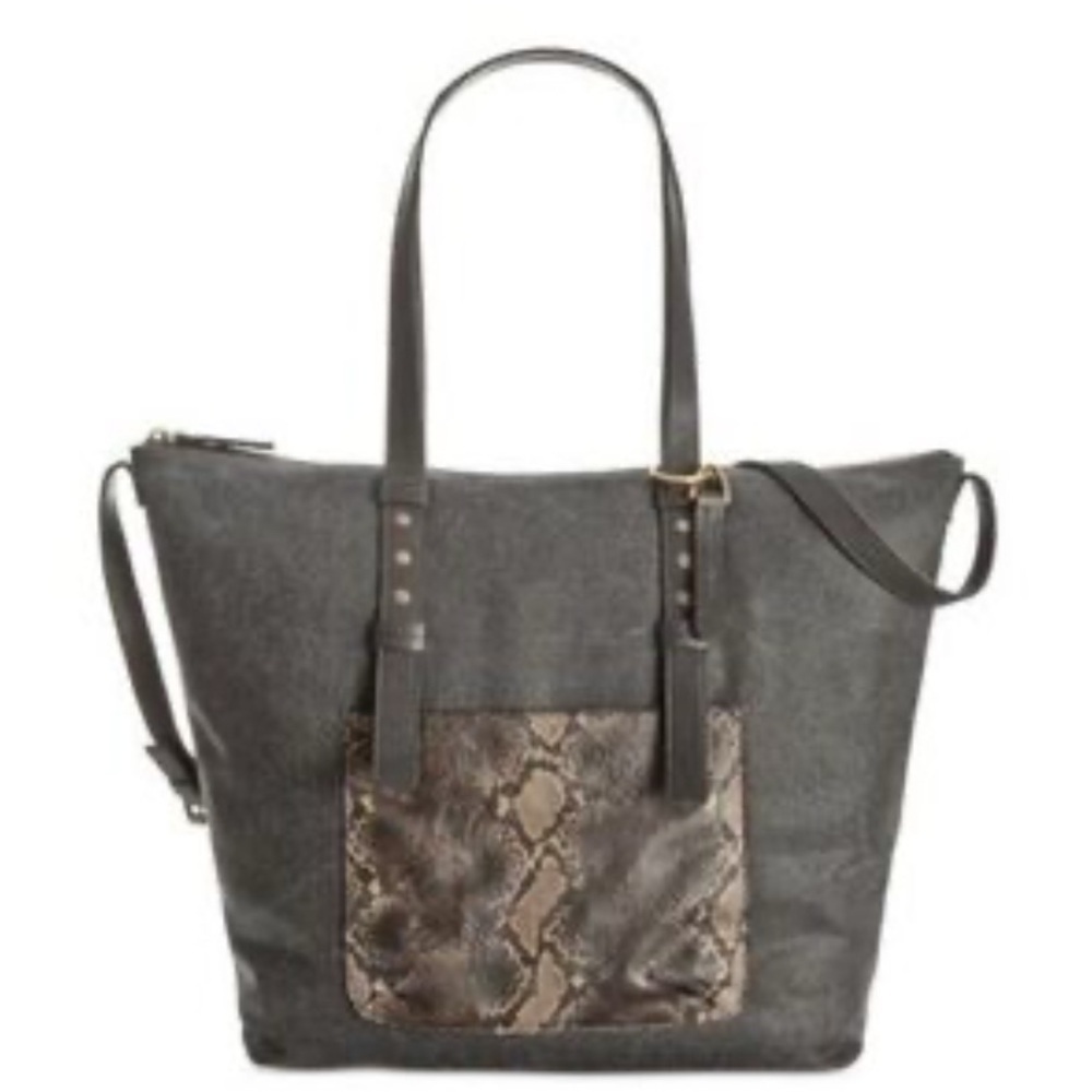 Lucky Brand Gray Snakeskin pocket canvas Denim Leather Tote Bag Boho cowgirl